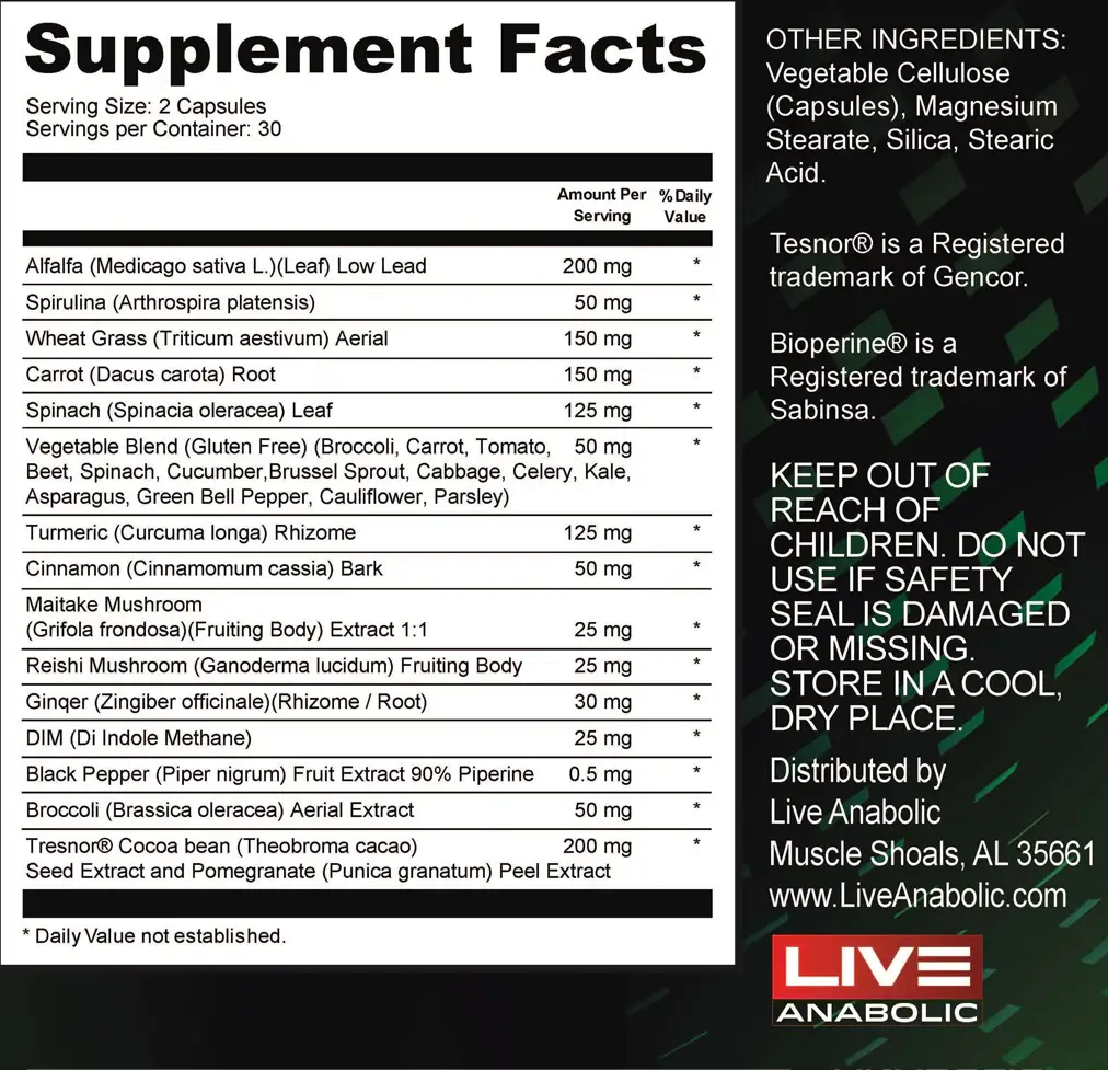 TestoGreens Max Supplement Facts Label with disclosed doses